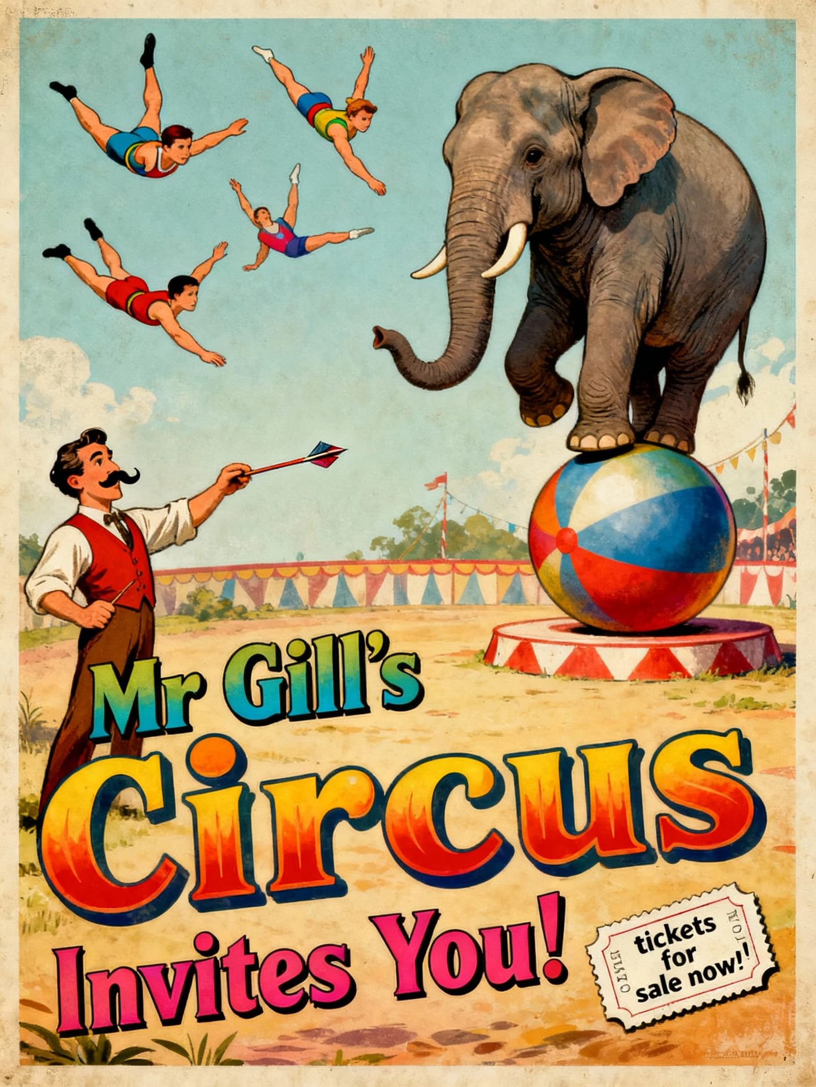 Mr Gill's Circus Poster with Acrobats and Elephants