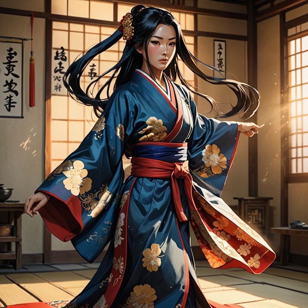 Mongolian Woman in Dojo: Anime Manga Style