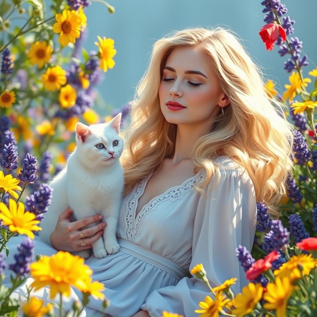 Blonde Goddess Unfurls in Vibrant Floral Garden