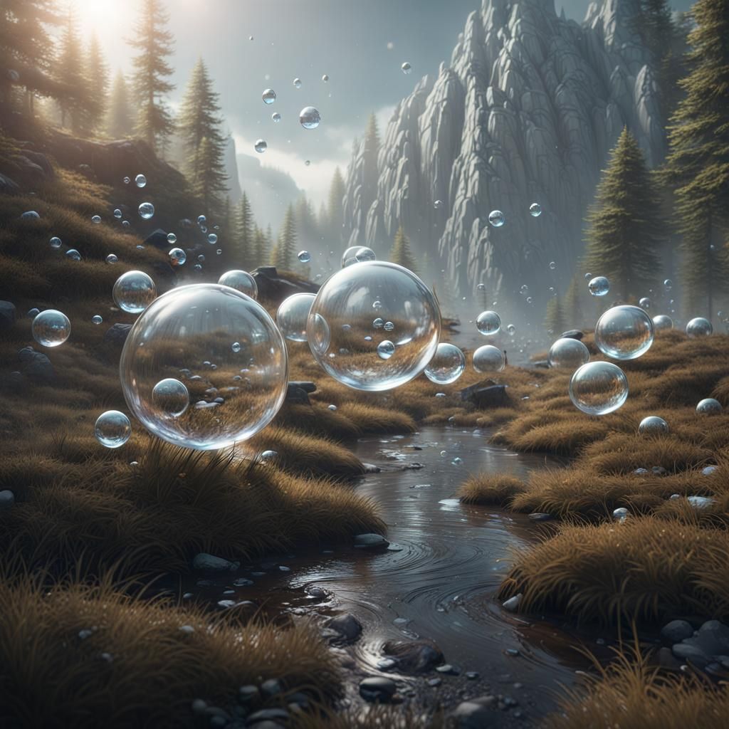 Futuristic Mountain Landscape with Feather-like Bubbles