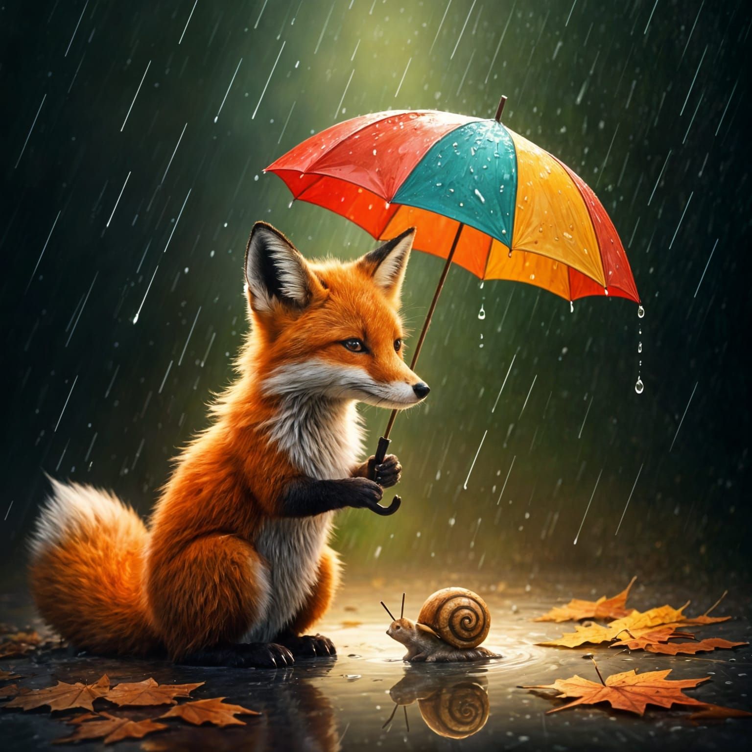 Fox Shelters Snail Under Umbrella in Autumn Rain