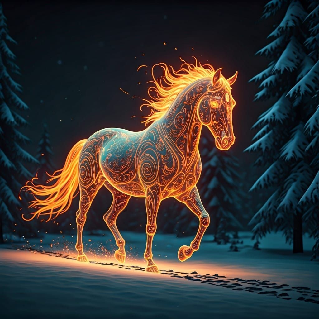Luminous Horse Strolling Through Winter Wonderland
