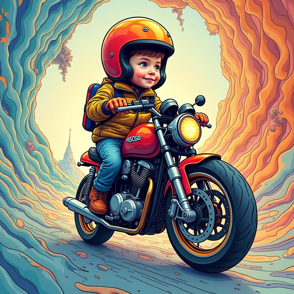 Boy Rides Motorbike Through Abstract Fractal Realm