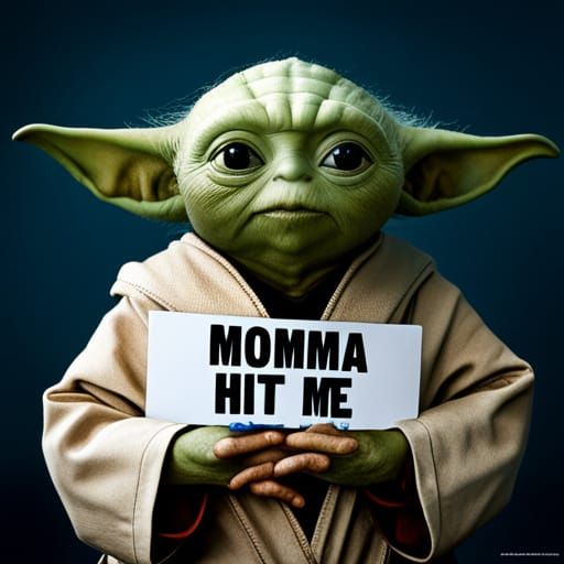Baby Yoda Portrait with Sign in Professional Style