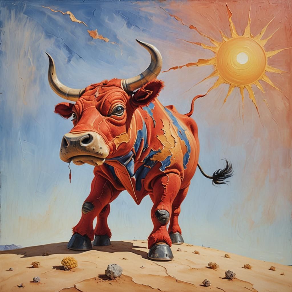 Surreal Red Felt Bull in Desert Landscape