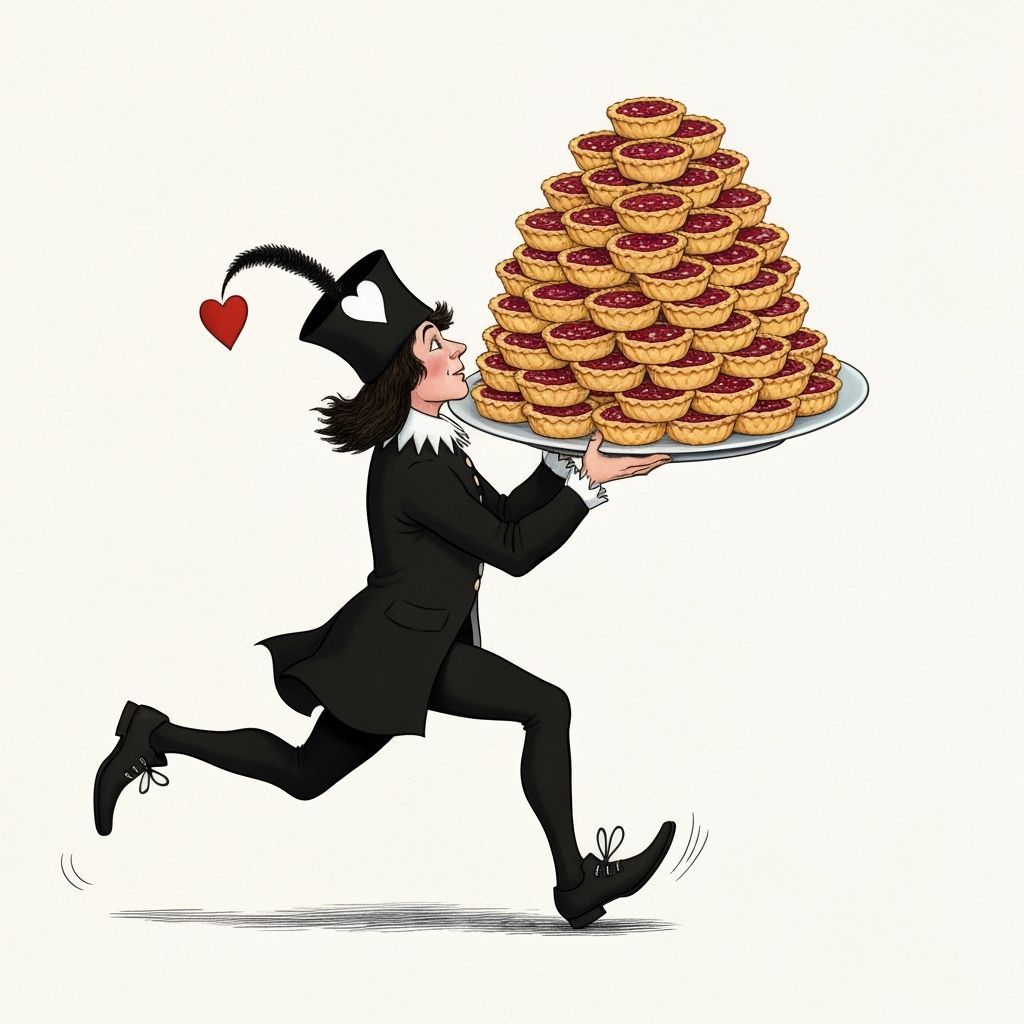 The Knave of Hearts running away carrying a huge plate piled...