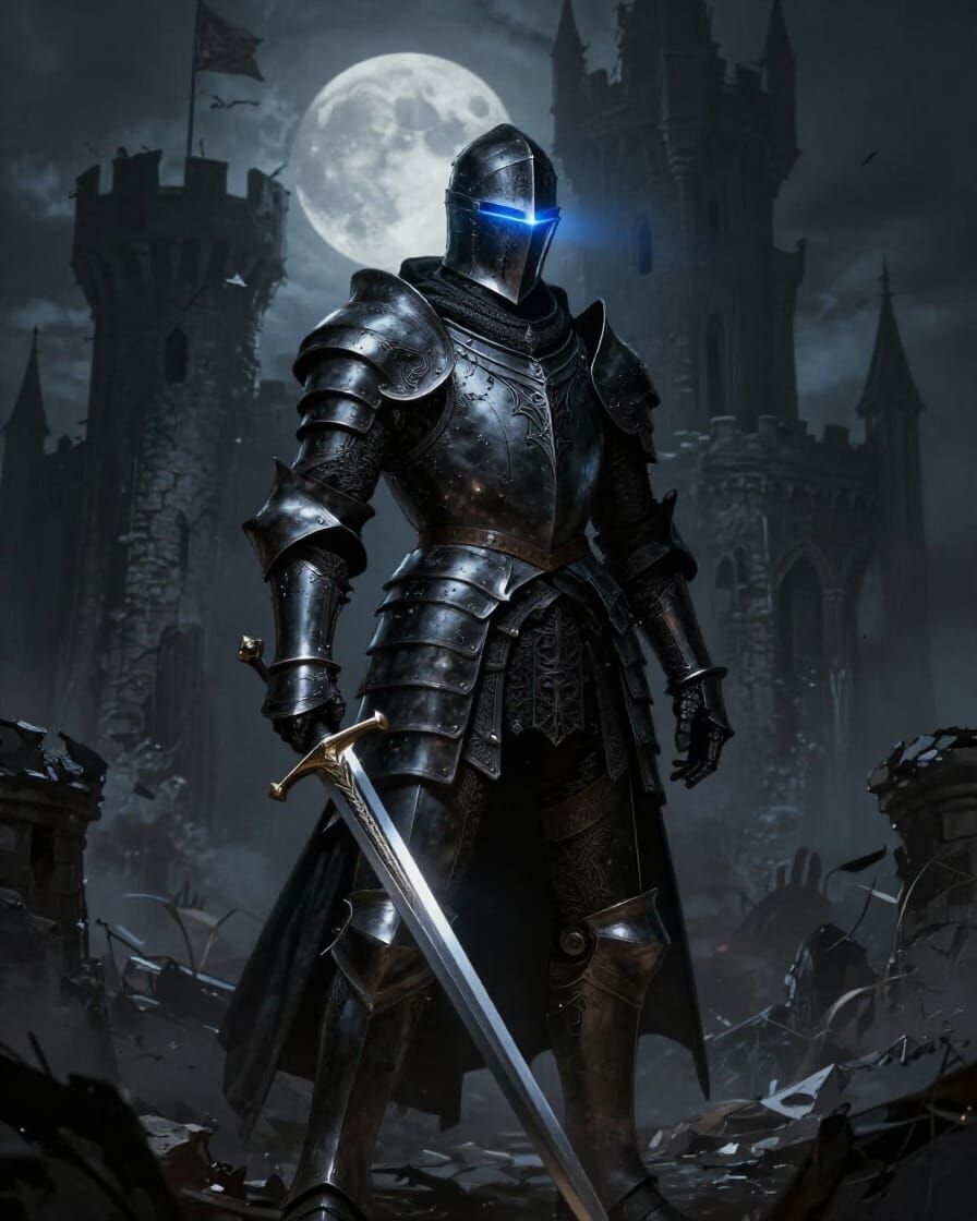 Gothic Knight with Zweihänder Sword at Moonlit Castle