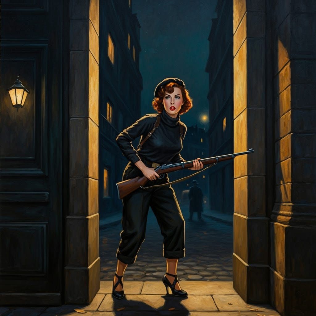 1940s Woman with Rifle in Impressionistic Oil Painting