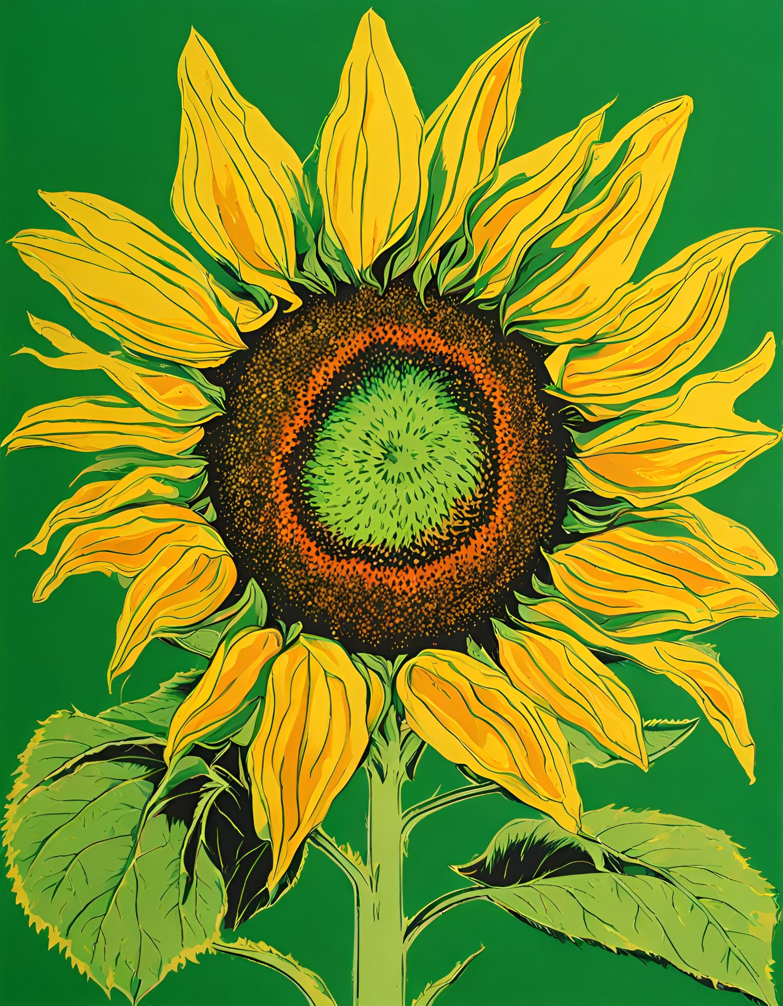 Sunflower Screen Print in Green, Yellow, and Orange