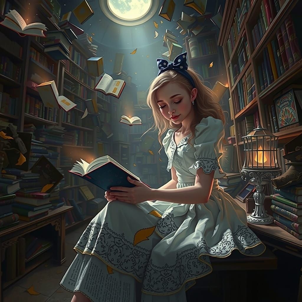 Whimsical Library Scene with Flying Books
