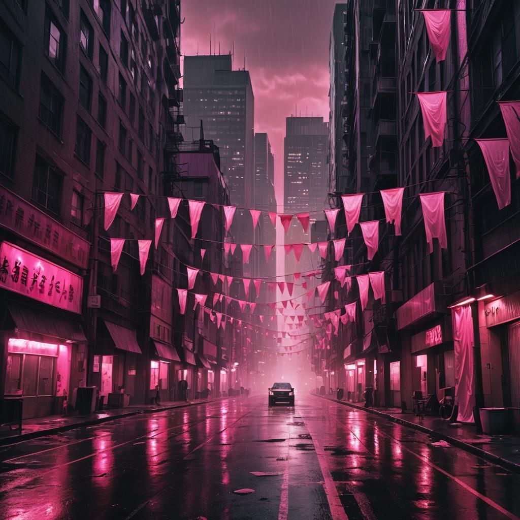 Dystopian Cityscape with Pink Flags in Surreal Style
