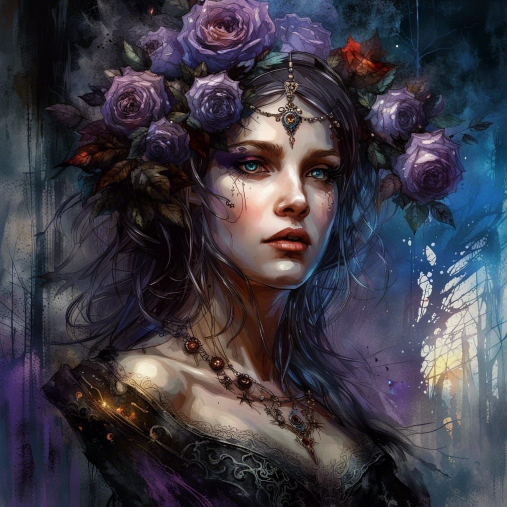 Gothic Fairy Witch with Roses in Sunlight