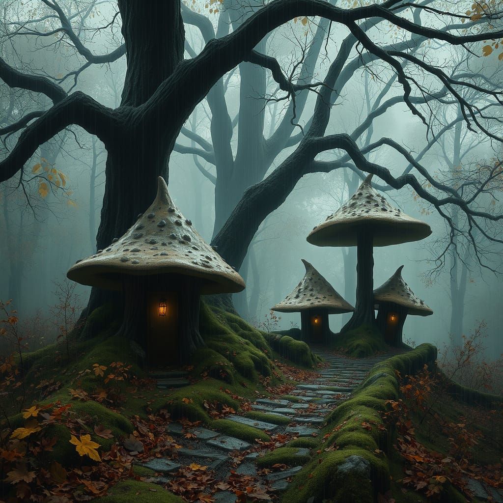 Fungal Villages Amidst Oak Forest's Autumnal Rain