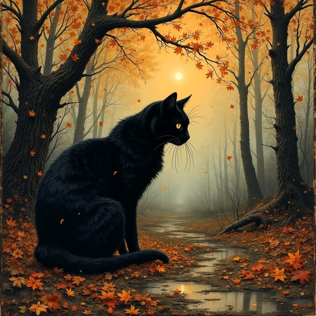 Black Cat in Autumn Alleyway Oil Painting