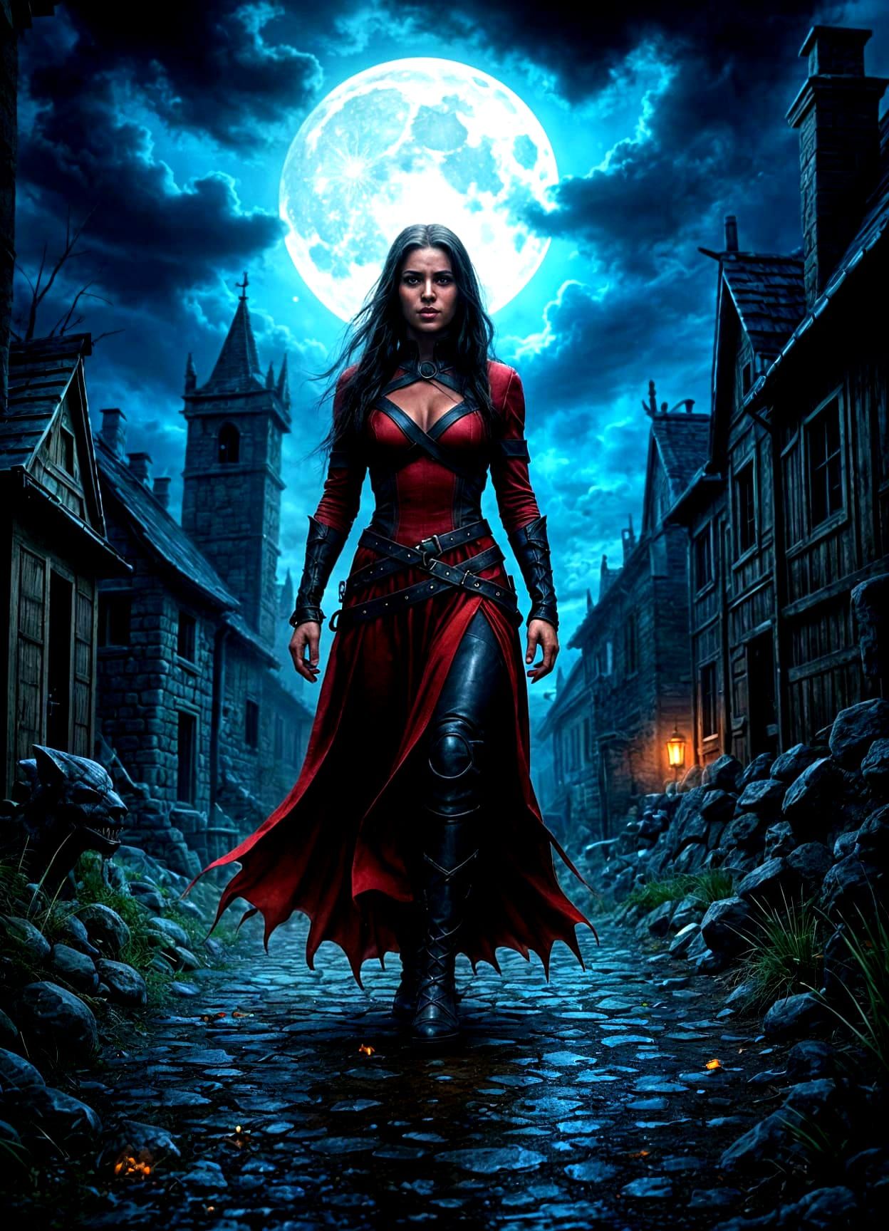 Tiefling Warrior Fights Demons in Moonlit Medieval Village