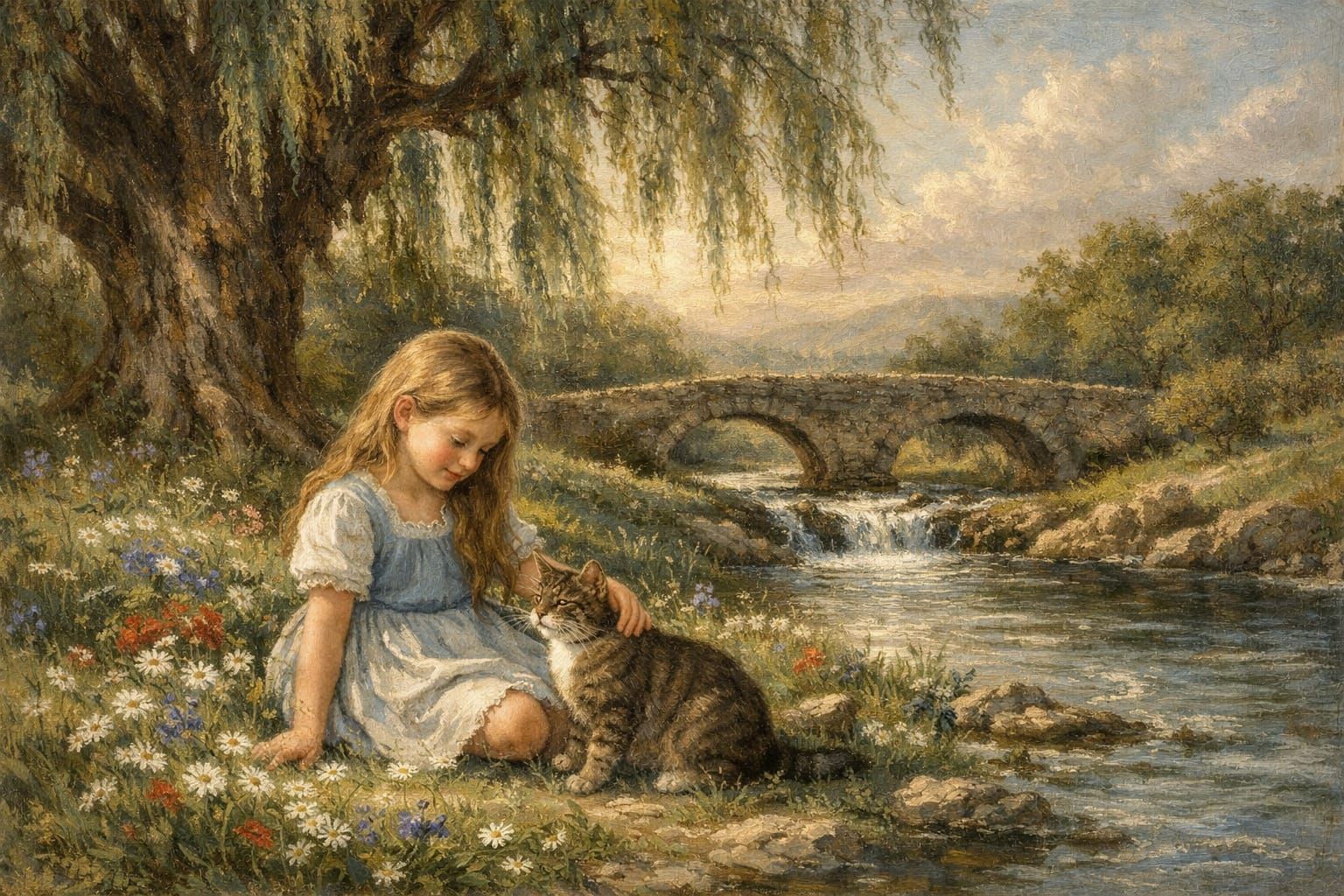 Oil Painting of Girl in Wildflower Field by Willow Tree