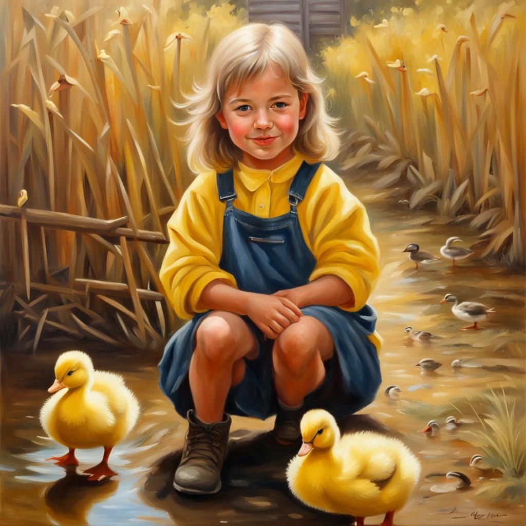 Cute Children with Ducklings: Realistic Oil Painting