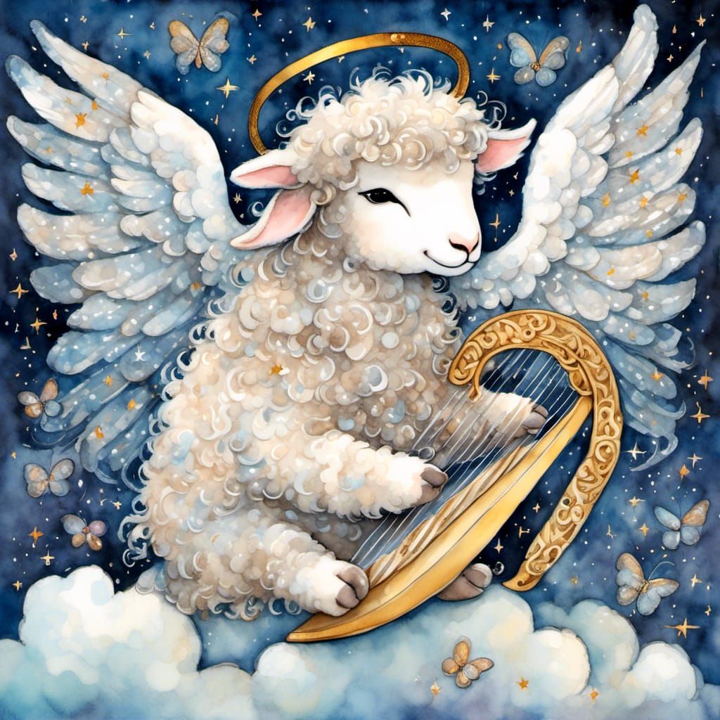 Winged Lamb Playing Harp, Watercolor and Ink