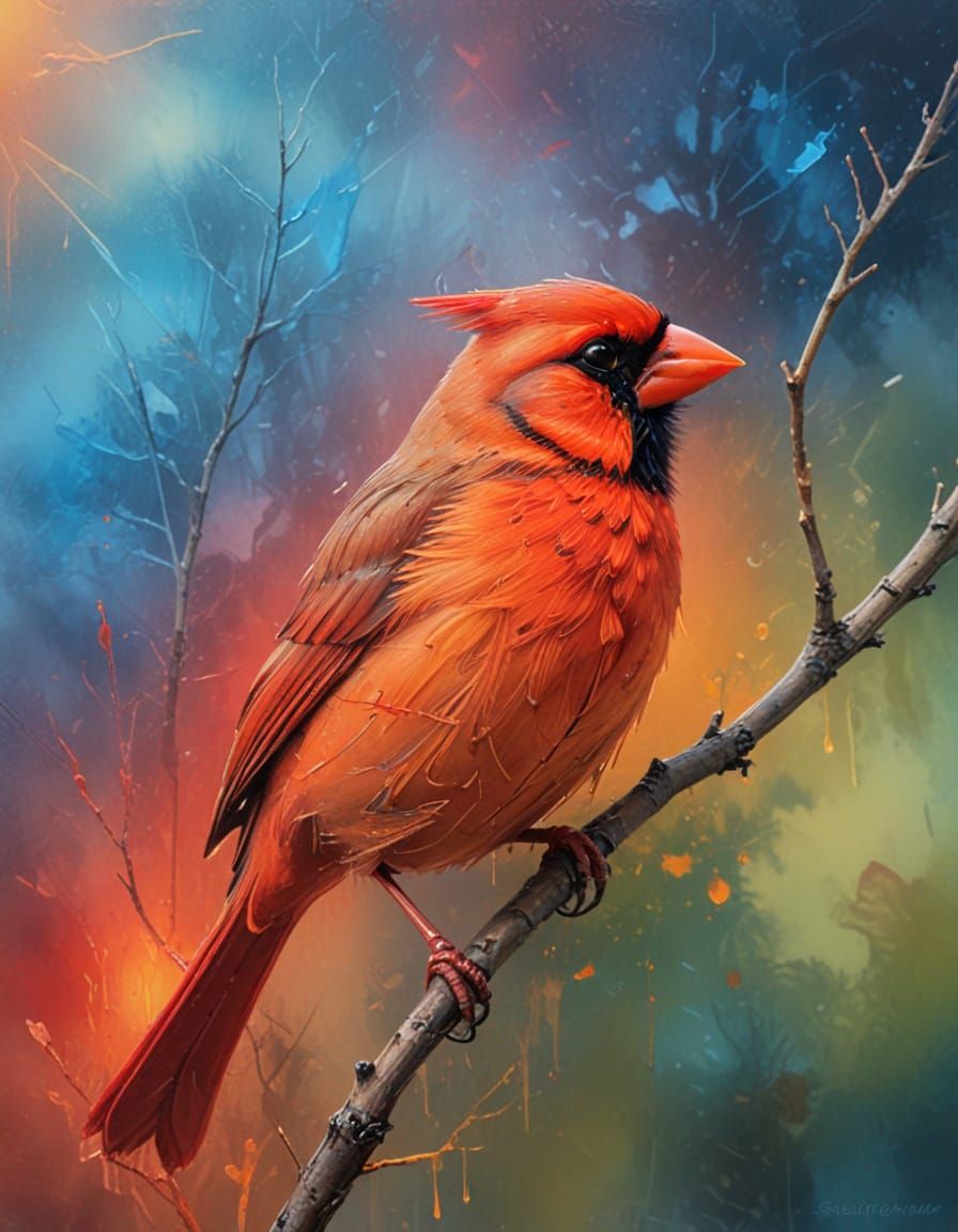 Vibrant Sunset Cardinal in Oil Painting Style