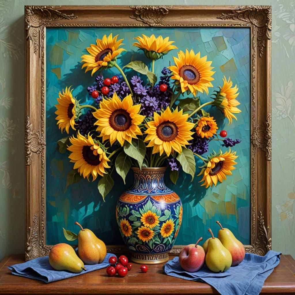 Art Deco Still Life: Sunflowers, Fruit, and Blue Vase