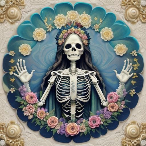 Virgin de Guadalupe Skeleton in Rococo Oil Painting