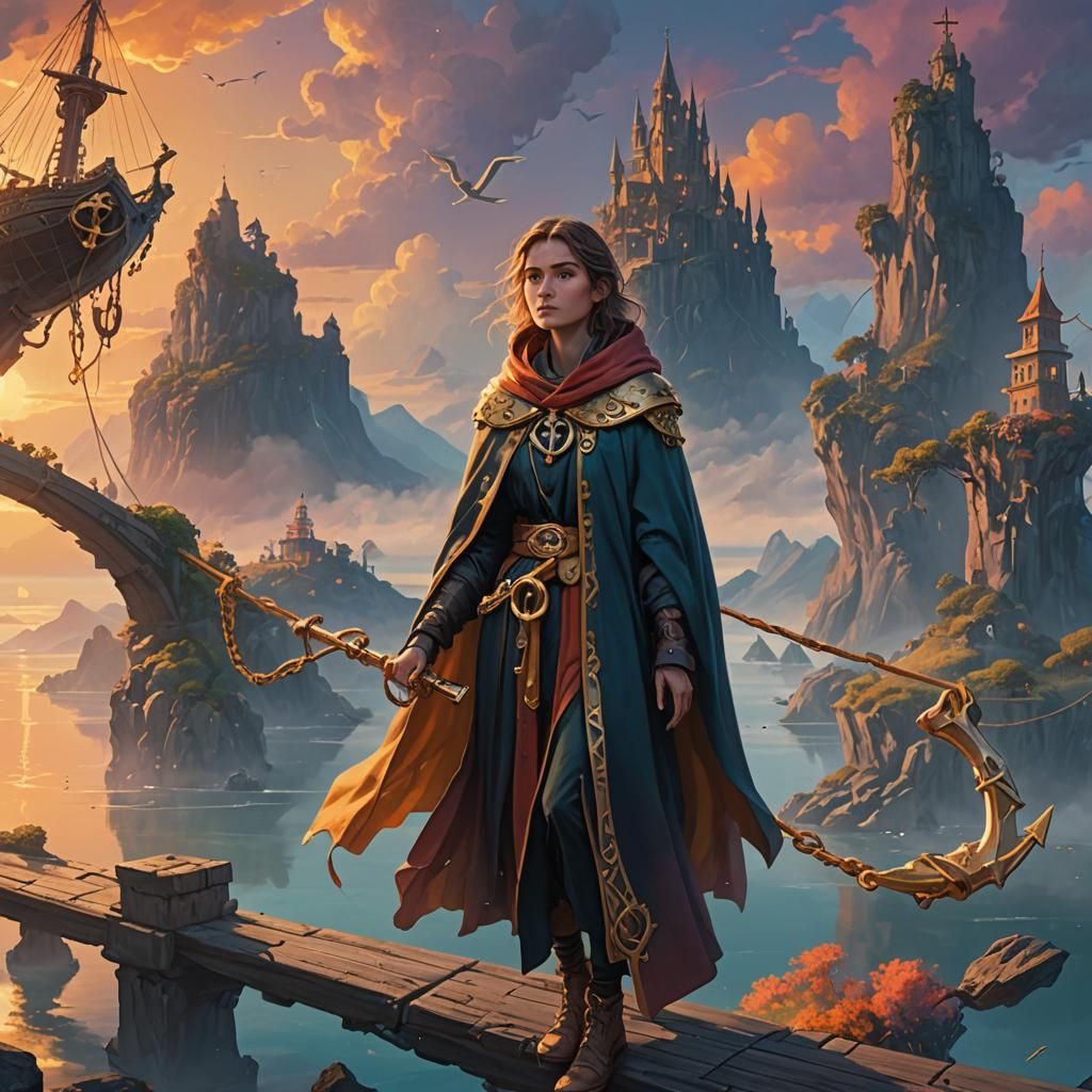 Mystical Woman with Anchor on Floating Islands