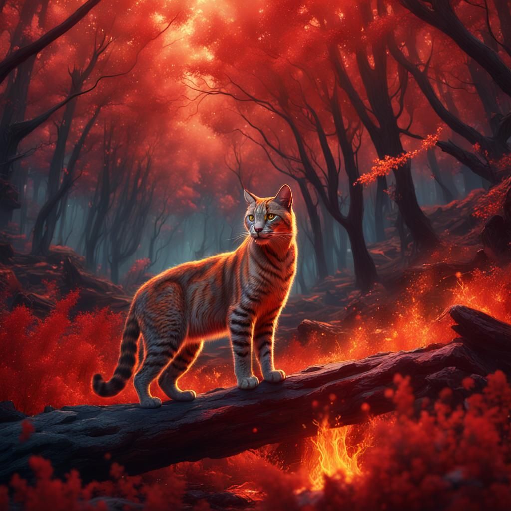Fiery Lynx Cat in Red Forest: Fantasy Concept Art
