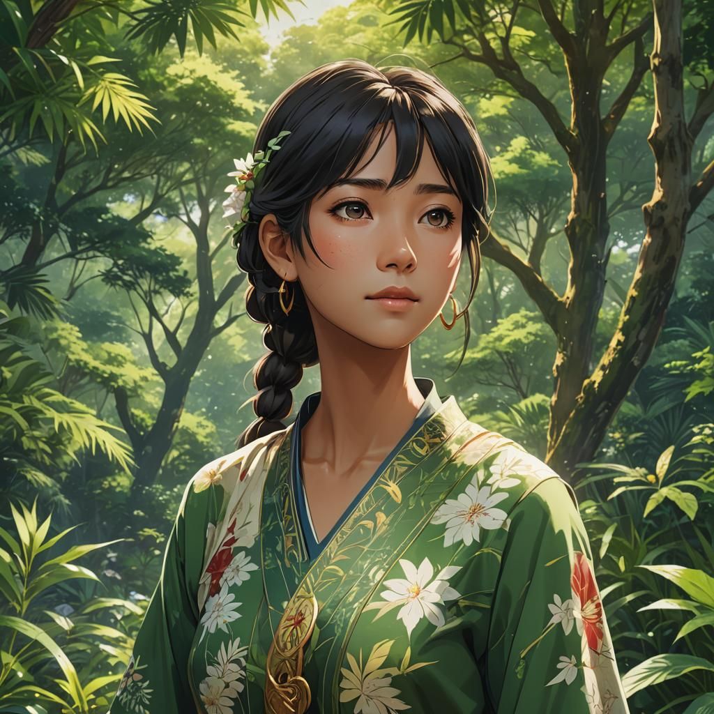 Indian Girl in Lush Garden: Makoto Shinkai Anime Style