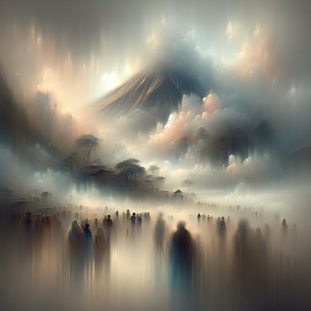 Dreamy Misty Landscape with Blurring Figures