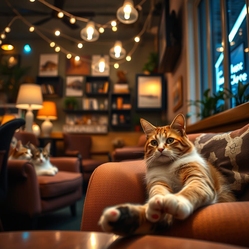 Stunning Night Cafe Scene with Cats in Cozy Settings