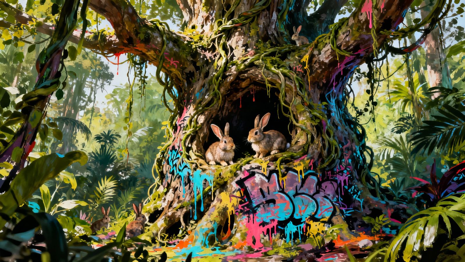 Jungle Rabbits in Ancient Vine Tree Graffiti Art
