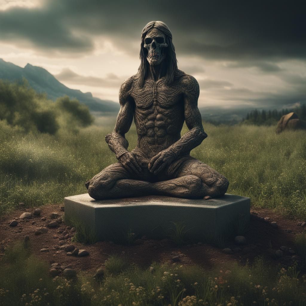 Stoned Statue in Meadow Hinting at Sacrifice
