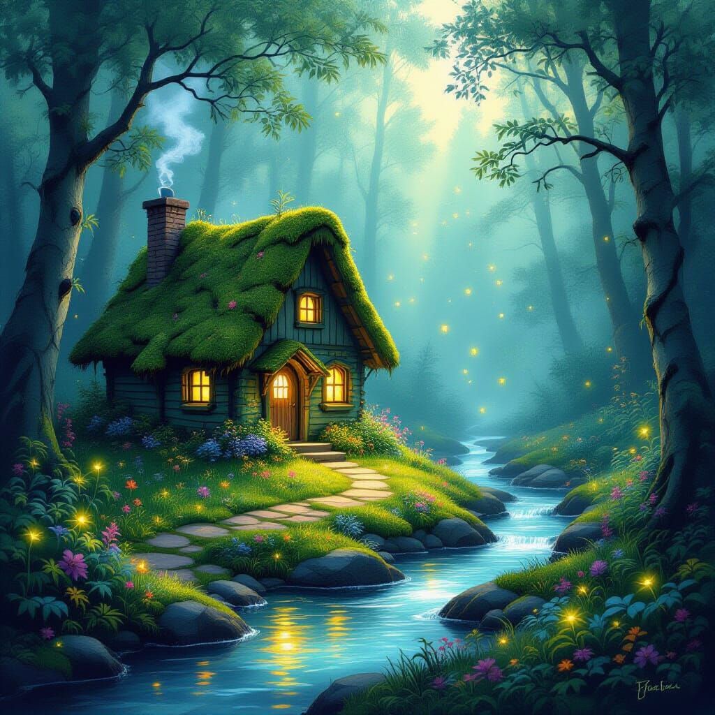 Enchanted Forest Cabin with Bioluminescent Flora