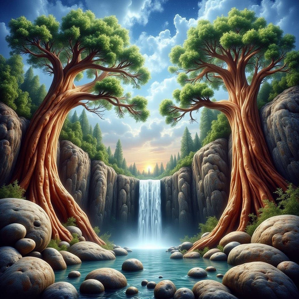 Surreal Landscape with Enchanted Waterfall and Majestic Tree...