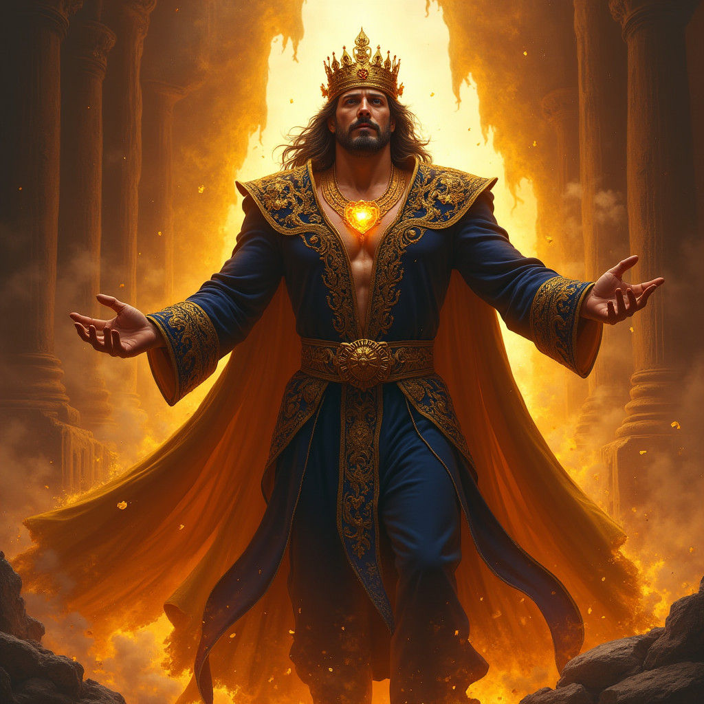 Majestic Man Emerges from Blazing Tapestry in Whelan Style