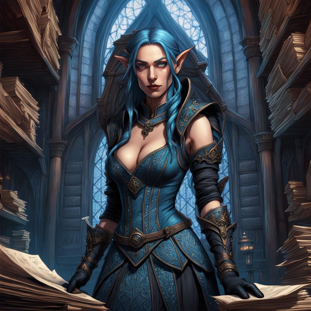 Fantasy Elf Reporter in Medieval Office, Digital Art