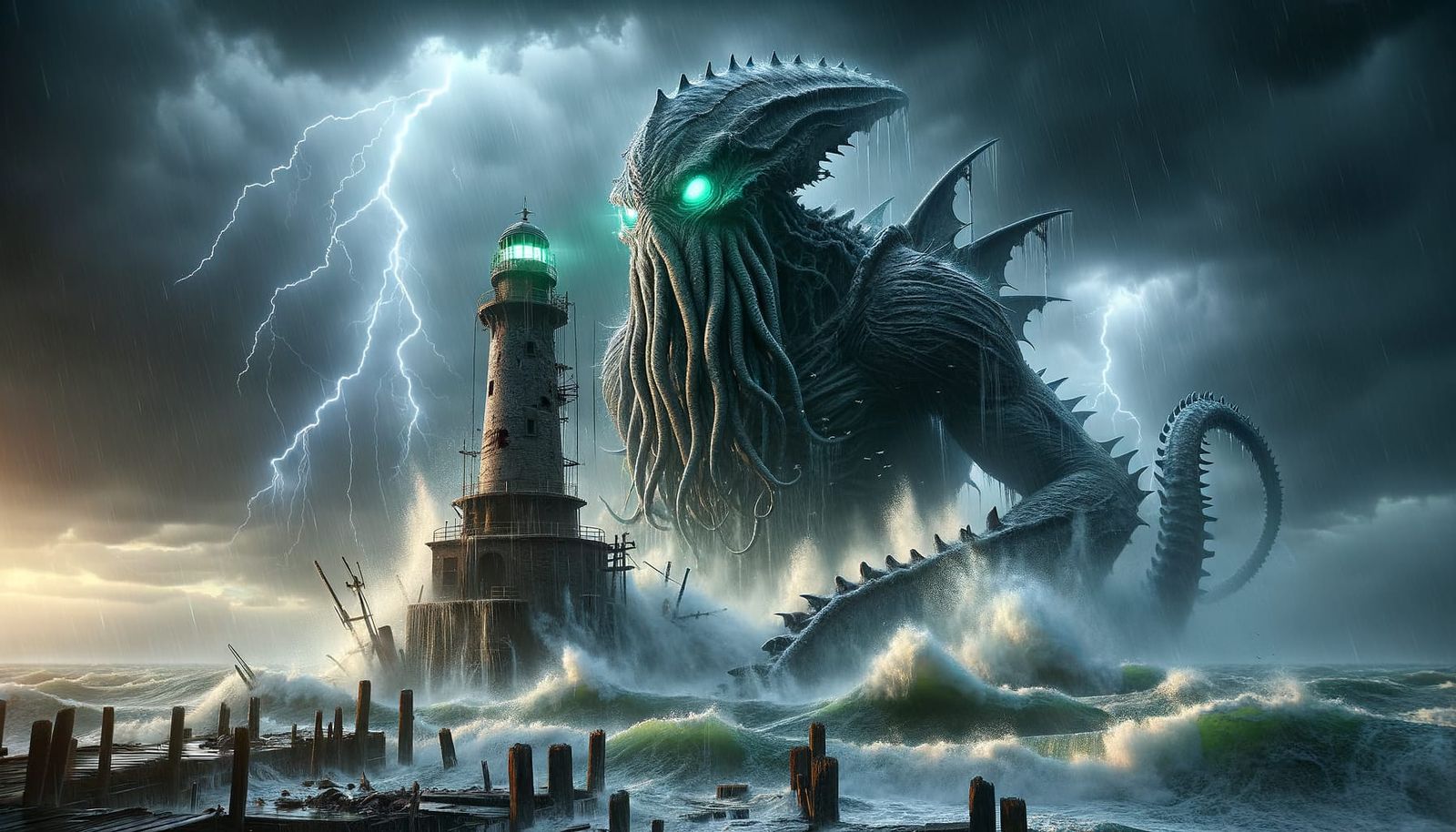 Colossal Cthulhu Grips Lighthouse in Violent Storm