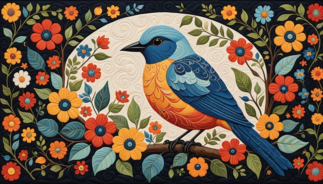 Whimsical Folk Art Quilt with a Blue Bird