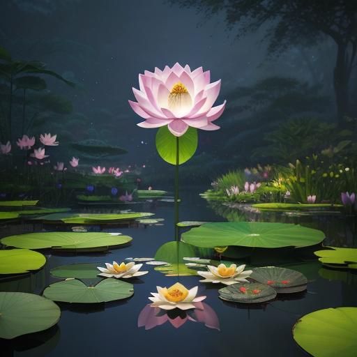 Glowing Sphere Above Lotus Pond in Disney Style