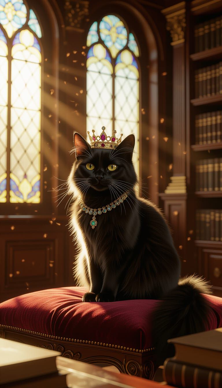 Regal Black Cat in Sunlit Library with Jeweled Crown