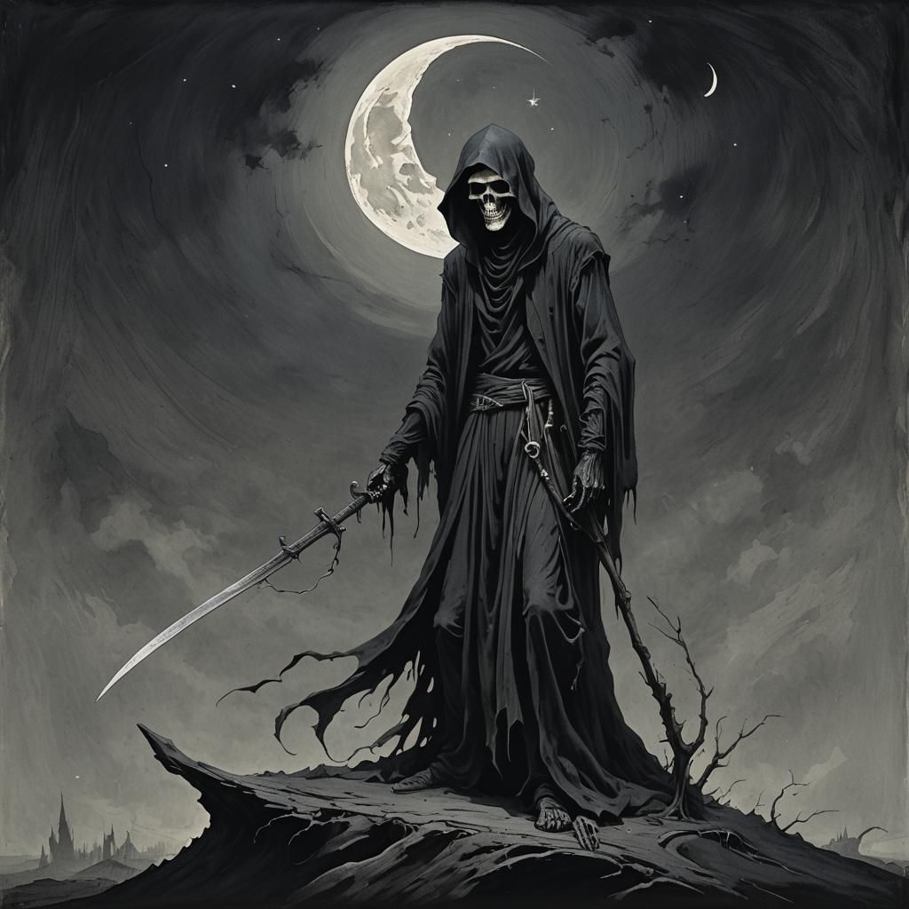 Grim Reaper with Crescent Moon Backdrop