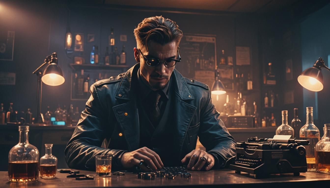 Cyborg Writer in Cyberpunk Film Noir Style