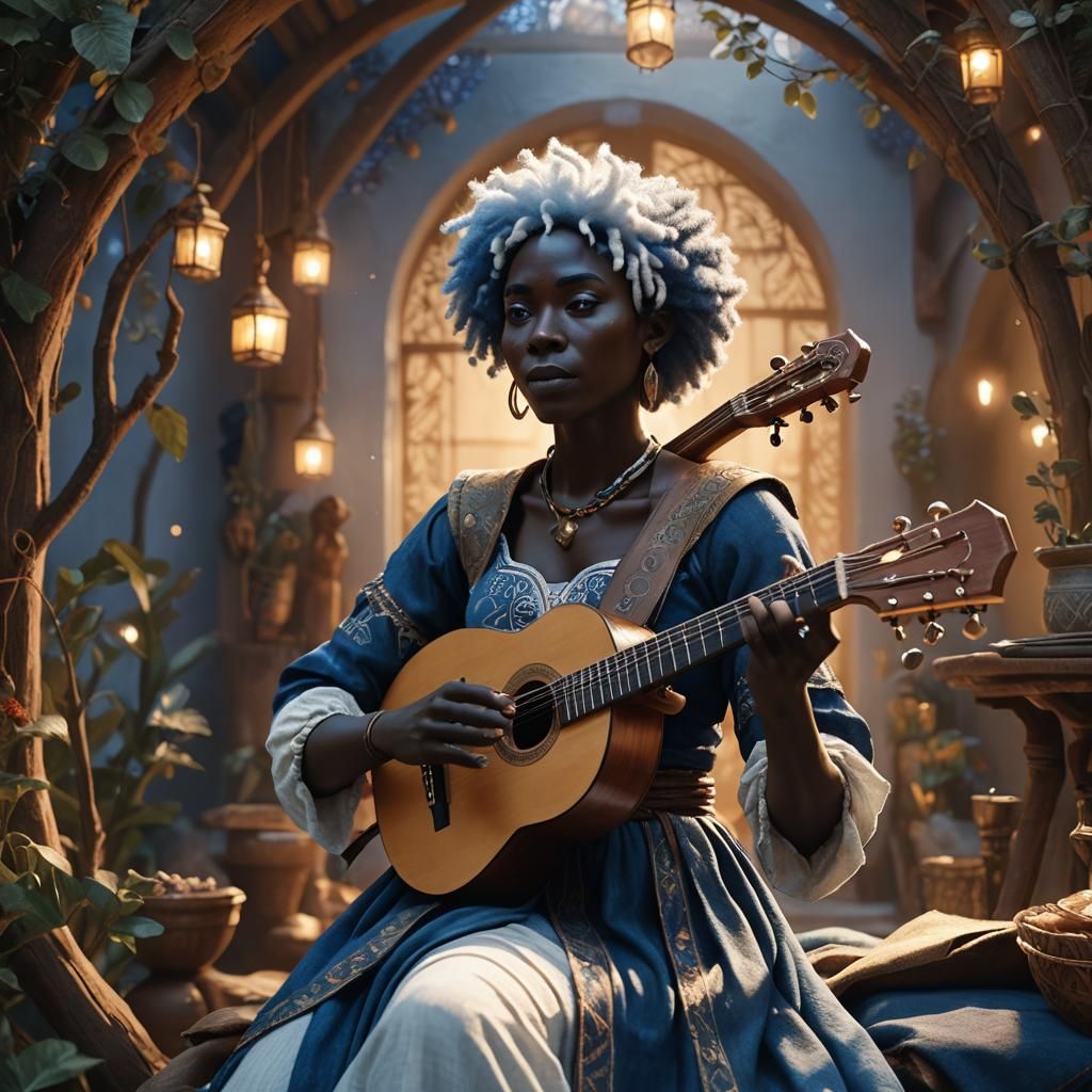 Black Woman Elf Singing and Playing Lute