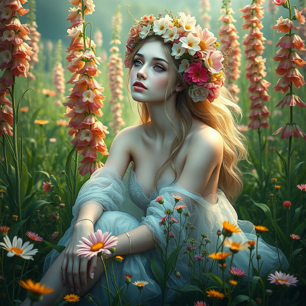 Ethereal Flower Goddess in Dreamy, Hyper-Realistic Beauty