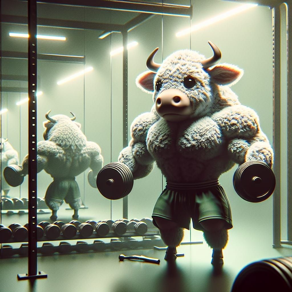 Hyperdetailed Muscular Cow Weightlifting in Gym