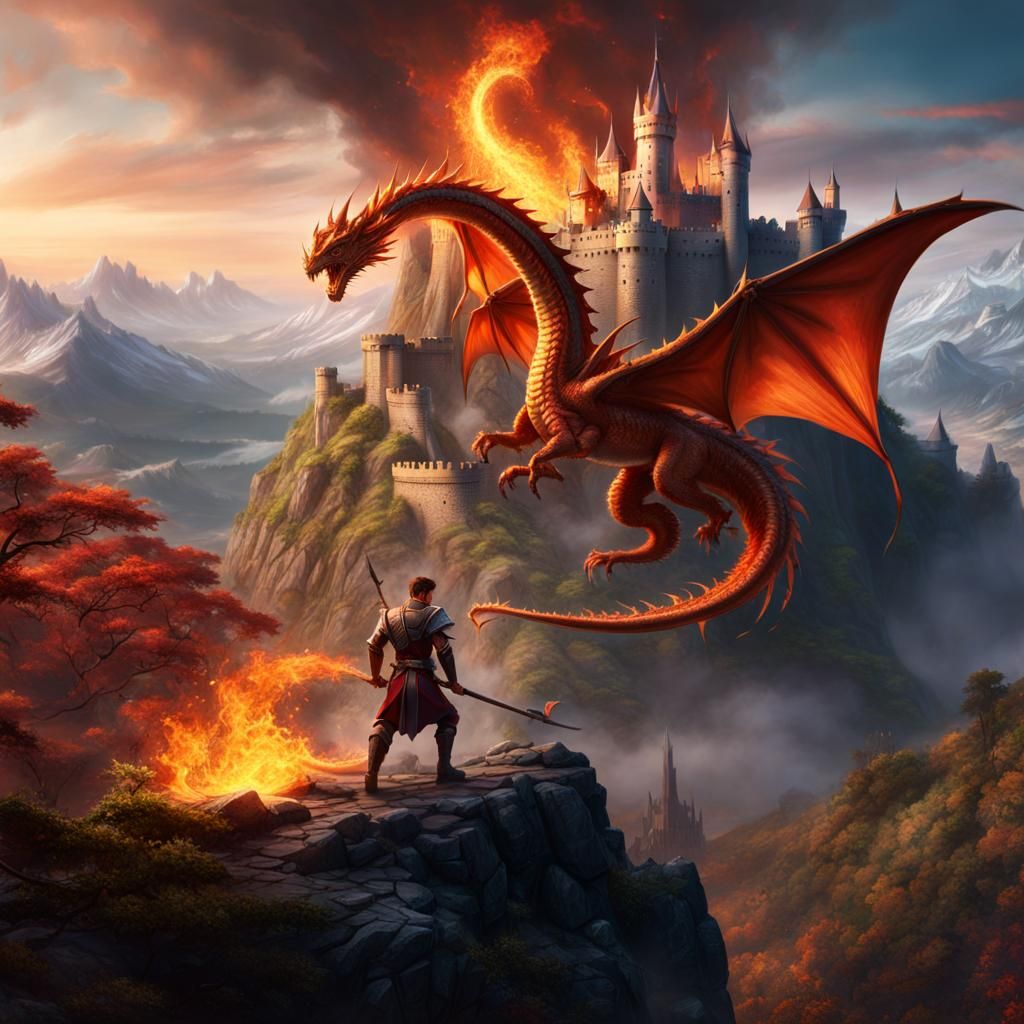 A D&D male elf character. Fighting a fire dragon.
Background a castle on a mountain.
