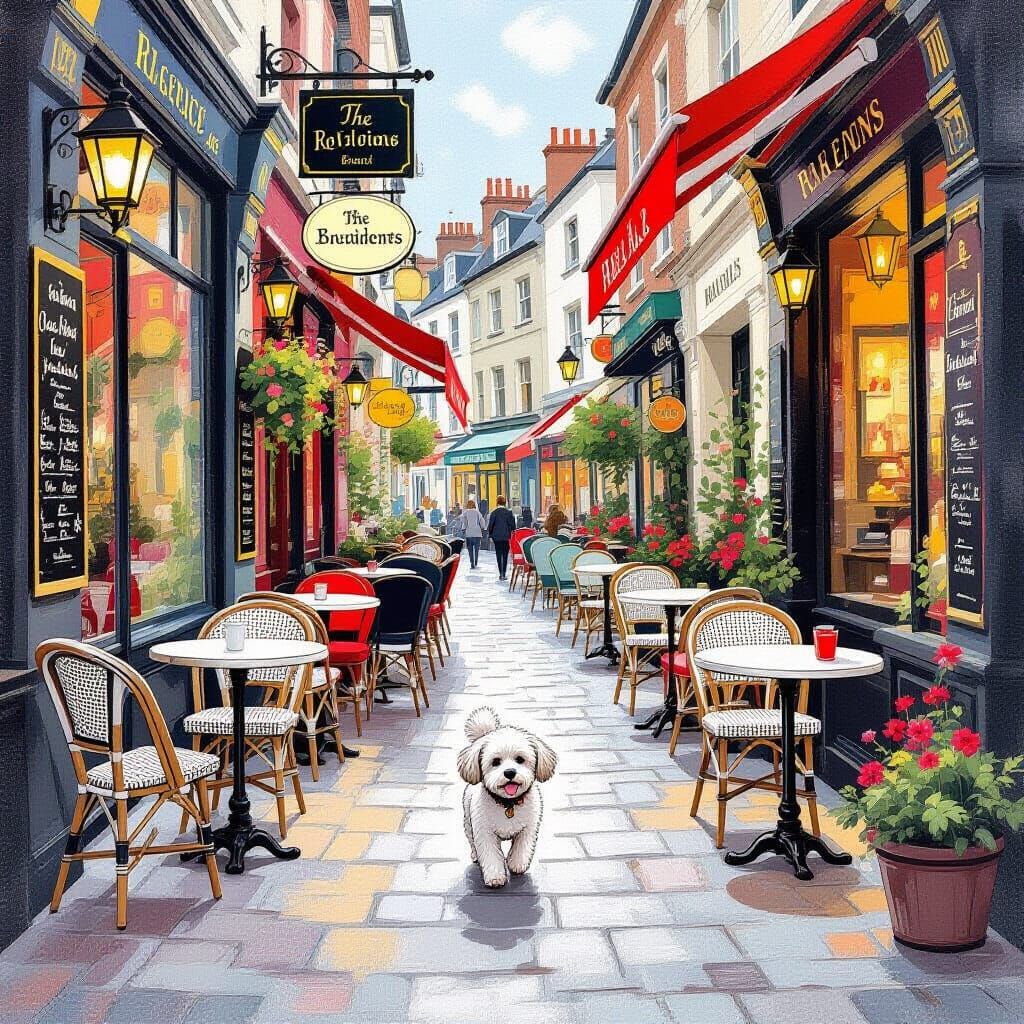 White Dog on Vibrant City Street with Restaurants