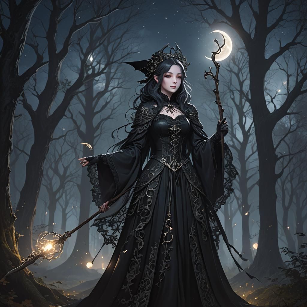 Gothic Witch in Dark Woods: Anime-Inspired 3D Art