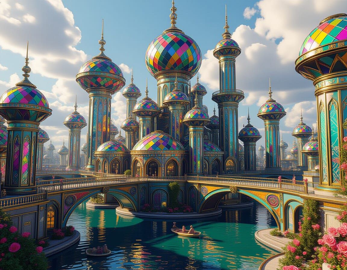 Alien City with Rainbow Origami Buildings