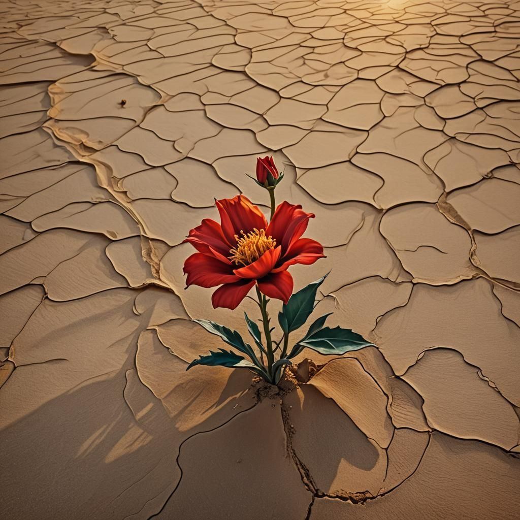 Surreal Red Flower Blooms in Desert Sunset